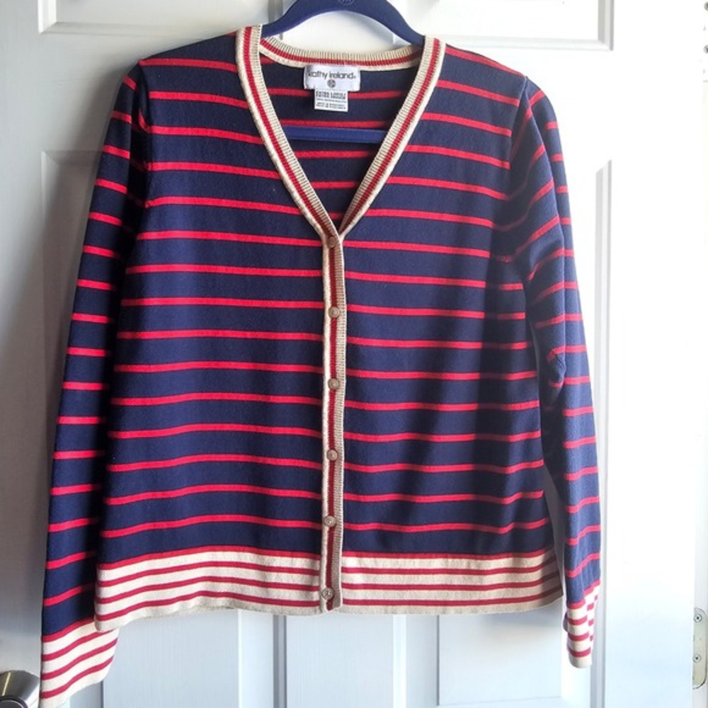 Kathy Ireland Navy Blue Red Striped Cotton Cardigan Sweater XL V-Neck‎ Nautical